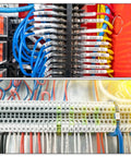 4 Pack 2 Position Terminal Block Strip For 300V 20A Wiring 9.5 Millimeter Pitch Dual Row 2 Circuits DIN Rail Screw Terminals For Neat Slick Wire Distribution And Easy Branch Disconnection. black DIN rail terminal blocks with labeled wires in control panel