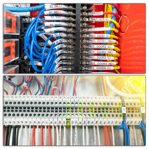 4 Pack 2 Position Terminal Block Strip For 300V 20A Wiring 9.5 Millimeter Pitch Dual Row 2 Circuits DIN Rail Screw Terminals For Neat Slick Wire Distribution And Easy Branch Disconnection. black DIN rail terminal blocks with labeled wires in control panel