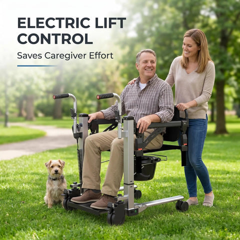 Super Solid Electric Patient Lift With Heavy Duty Stainless Steel Frame Smooth Power Transfer For Seniors, user in park with caregiver.
