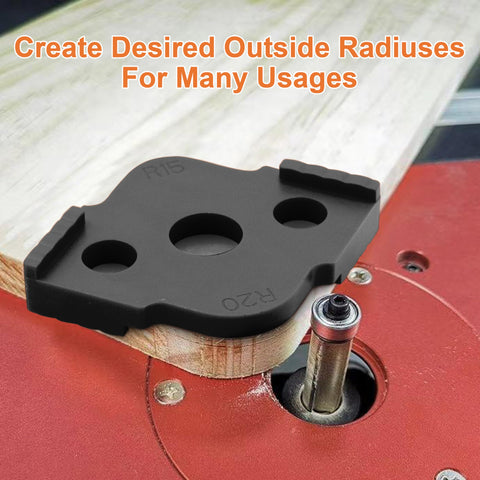 Knockout Corner Radius Router Template Kit Packing R5 Through R40, ABS R20 radius guide on wood piece by router.