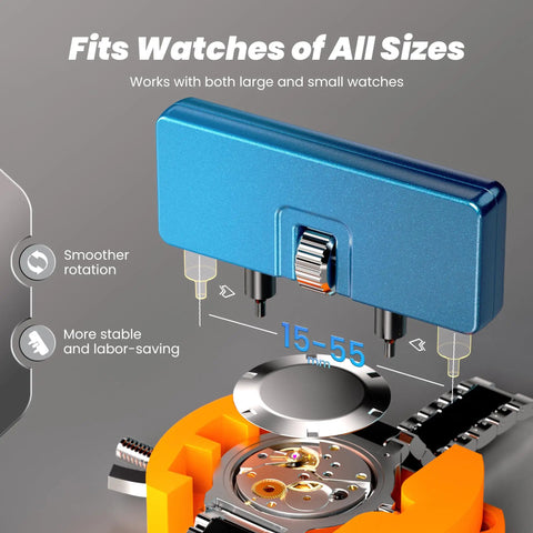 Watch Battery Replacement Kit With Case Back Opener, Five In One Screwdriver, Pry Tools, Spring Bar Tool, Tweezers, Band Replacement Tool, Back Remover Holder And Spare Bits For A Quick, Easy DIY Timepiece Repair Set showing back opener fit for all watch sizes.