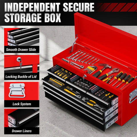 8 Drawer Rolling Tool Chest Built Like A Tank Heavy Duty Metal Tool Cabinet On Wheels With Locking Sliding Drawers Detachable Top Box And Side Hooks For Garage Workshop Repair Room Warehouse Red, open lid