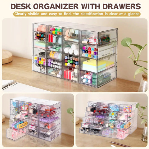 Clear Acrylic Desk Organizer With 20 Drawers In 4 Set Storage System For Office Supplies Makeup And Craft Storage Transparent Cosmetic Organizer Easy Access Desktop Drawer Box on wooden desk.