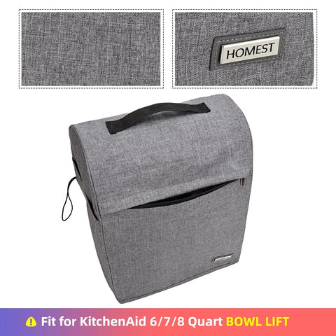 Gray Stand Mixer Dust Cover With Zipper Pocket For 6 To 8 Quart Bowls, showing front pocket and fabric detail.