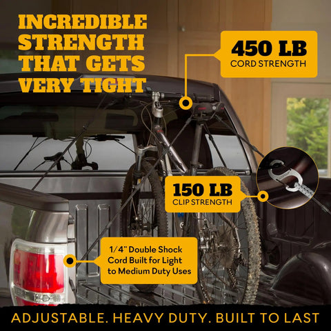 Hunter Pack Heavy Duty Bungee Cord Set With Patented Adjustable Multi Loop Tie Down System securing bike on truck.