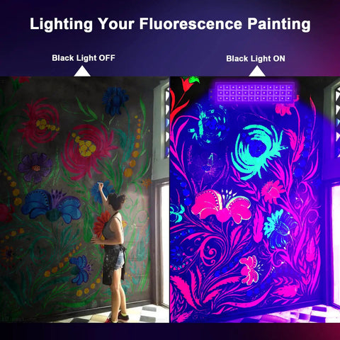 Ultra Bright Dope 100W LED Blacklight Bar Two Pack IP66 Waterproof Flood Lights With Plug For Blacklight Parties Stage Lighting Fluorescent Posters Neon Glow In The Dark Night illuminating a floral mural