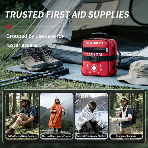 Emergency Trauma First Aid Kit with Tourniquet, Kaolin Hemostatic Gauze, and MOLLE Bag for camping displayed by tent with hiking gear