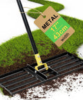 Lawn Leveling Rake 17 By 10 Inch With 77 Inch Adjustable Curved End Grip Handle for Precise Yard Leveling on Grass and Soil