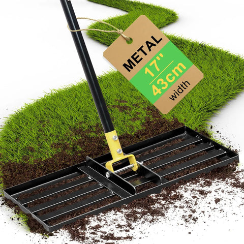 Lawn Leveling Rake 17 By 10 Inch With 77 Inch Adjustable Curved End Grip Handle for Precise Yard Leveling on Grass and Soil
