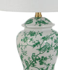 Close-up of 22 Inch White And Green Ceramic Table Lamp With White Linen Shade, featuring French country chinoiserie ginger jar design.