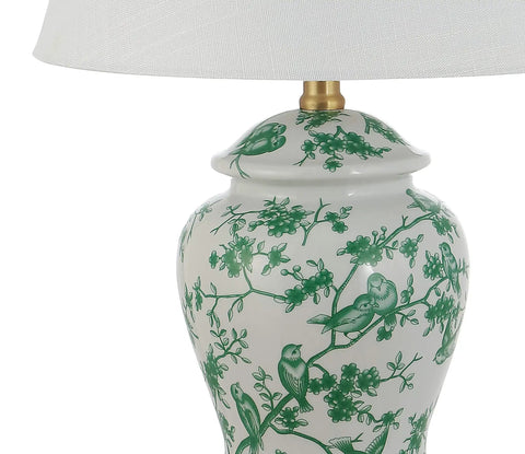 Close-up of 22 Inch White And Green Ceramic Table Lamp With White Linen Shade, featuring French country chinoiserie ginger jar design.