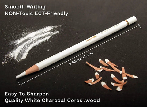 White Charcoal Pencils Drawing Set, Go To Pro Grade 6 Piece Sketch Kit For Highlights, Shading, Blending On Dark Paper