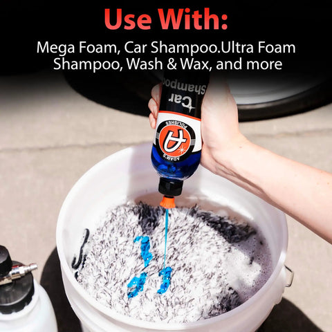 Pouring car shampoo into bucket with Dope Microfiber Car Wash Mitt With Plush Synthetic Fur Fibers For A Scratch Free Shine