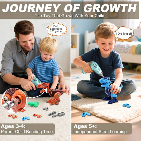 Father and son building Take Apart Dinosaur Toys For Kids Aged 3 To 8 STEM Construction Building Kit With Electric Drill