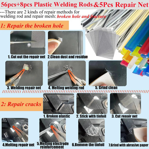 Image showing repair steps using Heavy Duty 220W Plastic Welder Kit 2 In 1 With 1000 Hot Staples And 100 Welding Rods for plastic fixes.