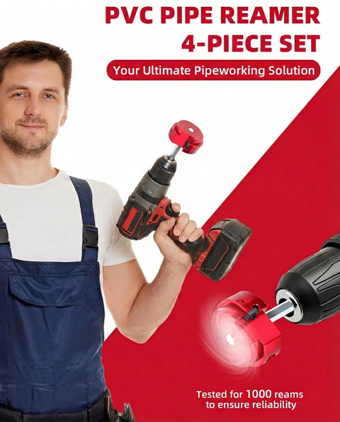 Man holding a drill with a Four Piece PVC Pipe Reamer Kit For Home DIYers With Drill Adaptability, showcasing 4-piece set.