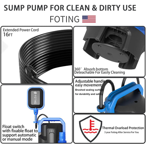 1.5HP Sump Pump With 6300 GPH Beast Power High Flow Submersible Water Pump, Float Switch, Thermoplastic Construction, details view