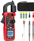 Pro Grade True RMS Clamp Meter Multimeter with D Shaped Jaw, case, batteries, and probes for AC/DC current and voltage.