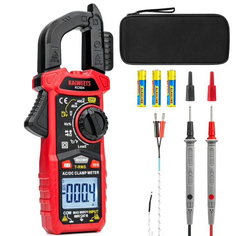 Pro Grade True RMS Clamp Meter Multimeter with D Shaped Jaw, case, batteries, and probes for AC/DC current and voltage.