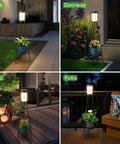 Dope Solar Outdoor Floor Lamp With Plant Stand 2 Pack Waterproof Metal Garden Lights for Deck Patio Yard Porch Walkway Auto On Off Energy Saving Weatherproof shown in various settings including path, doorway, yard, and patio at night.