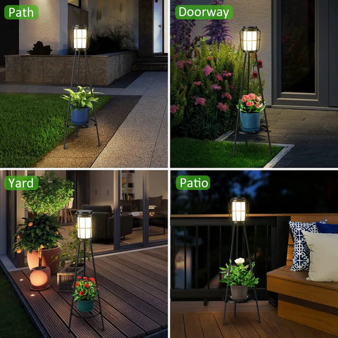 Dope Solar Outdoor Floor Lamp With Plant Stand 2 Pack Waterproof Metal Garden Lights for Deck Patio Yard Porch Walkway Auto On Off Energy Saving Weatherproof shown in various settings including path, doorway, yard, and patio at night.
