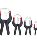 Four sizes of nylon plastic spring clamps with measurements, part of a 20-pack nylon plastic spring clamps four sizes with string bag organizer for DIY projects photography gluing gripping and more includes 6-1/2in 4-1/2in 3-1/2in and 2-1/2in.