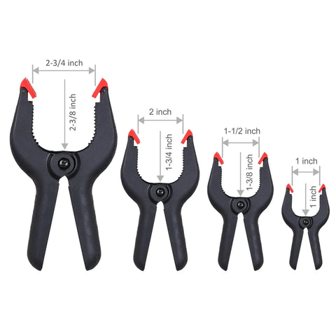 Four sizes of nylon plastic spring clamps with measurements, part of a 20-pack nylon plastic spring clamps four sizes with string bag organizer for DIY projects photography gluing gripping and more includes 6-1/2in 4-1/2in 3-1/2in and 2-1/2in.