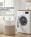 Extra Large 60L Woven Cotton Rope Laundry Hamper Basket For Towels Clothes Toys And Blankets next to washing machine