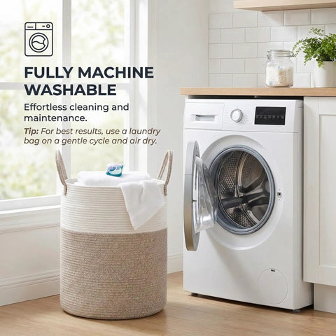 Extra Large 60L Woven Cotton Rope Laundry Hamper Basket For Towels Clothes Toys And Blankets next to washing machine