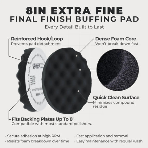 8 Inch Black Waffle Foam Buffing Pad With Hook And Loop Backing Extra Fine Foam For Thin Wax Coats And Light Compound Work