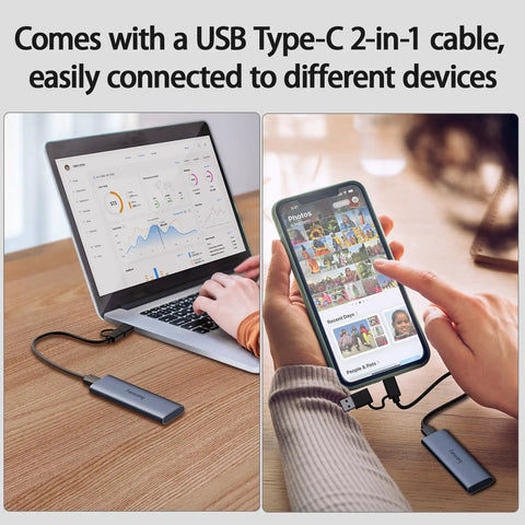 Ultra Fast 2TB External SSD With USB 3.2 Gen2 Type C connected to laptop and smartphone, illustrating versatility in use.