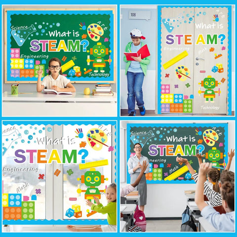Back To School Bulletin Board Decorations Set For Classrooms Includes 16 Borders 5 Adhesive Dots And STEAM Science Technology Engineering Art And Math Cutouts A Real Must Have For Teachers And Students Decor with colorful designs and student engagement.