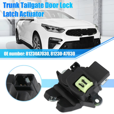 Trunk Latch Lock Actuator 81230A7030 For Kia Forte Koup 2014 To 2020 with car and connector details