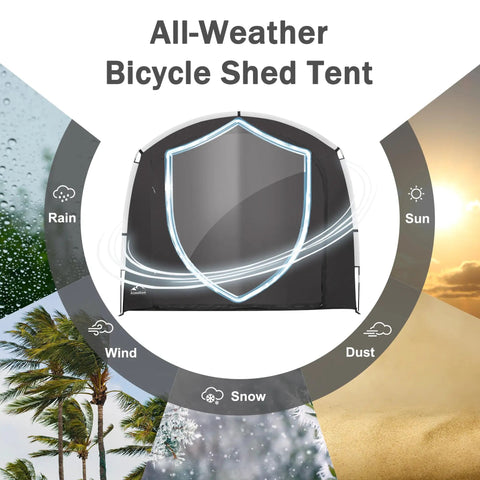 Outdoor Bike Storage Shed Tent With Waterproof Shelter for Bicycles, showcasing weather resistance for rain, sun, wind, and snow.