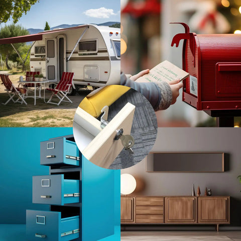 Collage showing Six Pack Cabinet Locks With Keys, Five Eighth Inch Cam Lock Keyed Alike on RV, mailbox, and drawers for safety.