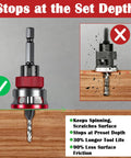 Straight Shot Countersink Drill Bit Set With Adjustable Depth Stop, showing adjustable depth feature and flush screw seating on wood.