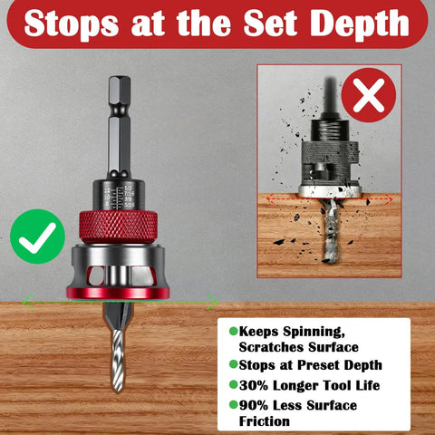 Straight Shot Countersink Drill Bit Set With Adjustable Depth Stop, showing adjustable depth feature and flush screw seating on wood.