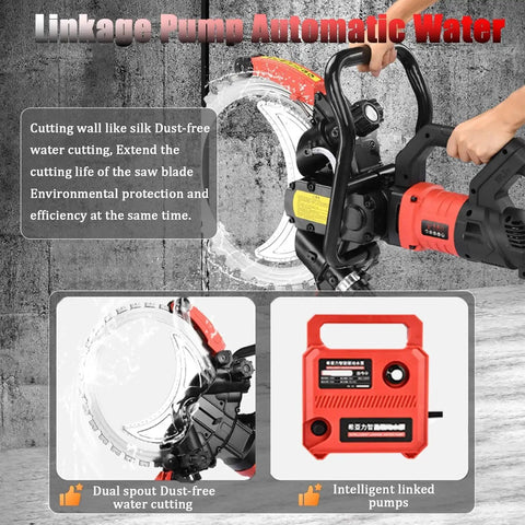 12000W Wall Chaser Concrete Cutter With 16 Inch Electric Ring Saw For Wet Cutting Stone Rebar And Marble Includes Water Fed Dust Suppression System showing automatic water linkage pump for dust-free cutting.