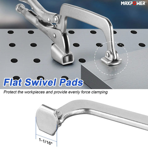 Two Pack 14 Inch Bench Clamp System For Welding Tables Heavy Duty C Clamps With M8 Bolts Deep Reach Jaw Four Seven Eight Inch Throat Five And Five Eighth Inch Table Mounted Ideal For Welding Woodworking Drilling Routing And Assembly, flat swivel pads