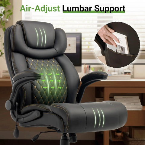 Big And Tall Office Chair With Lumbar Support For Back Pain, Breathable PU Seat, adjustable flip up armrests, black