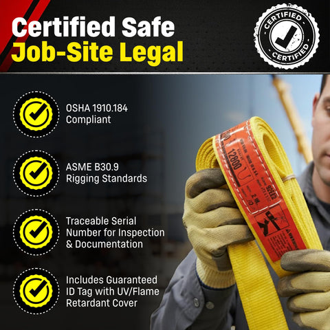 Worker holding Two Inch Wide Nylon Lifting Slings Eye To Eye For Heavy Duty Lifts with safety certifications visible