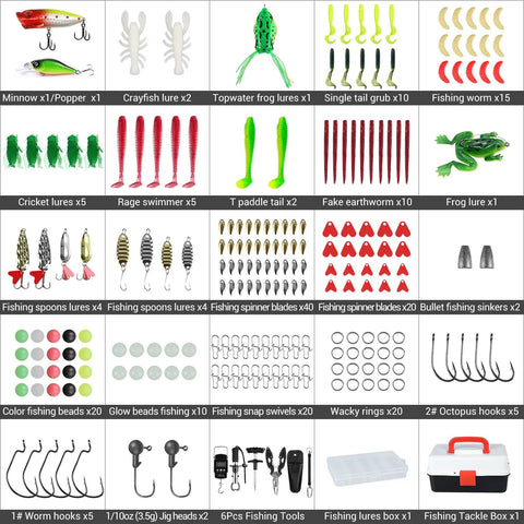 All In One 3 Layer Tackle Box With 213 Pcs Lures Kit And Handy Tool Kit Including various fishing lures and accessories displayed.