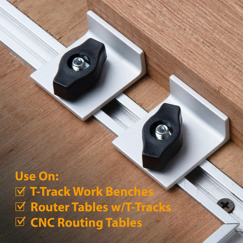 Bi-Directional Short Stop Kit For T Track Woodworking on T-Track workbench, showing low-profile stop blocks with wing knobs