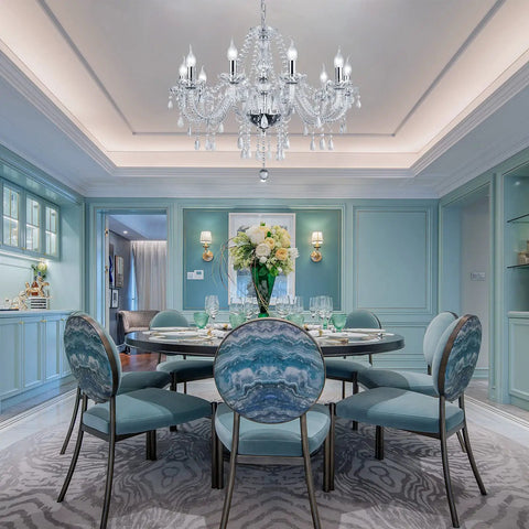 10 Light K9 Crystal Chandelier in Silver Finish For Dining Room Living Room Hallway Modern Rain Drop Glass Pendant Lamp