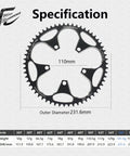 56T Black Narrow Wide Bike Chainring For 8 To 12 Speed Road Bikes, 110 BCD Round Aluminum Alloy Specification Chart