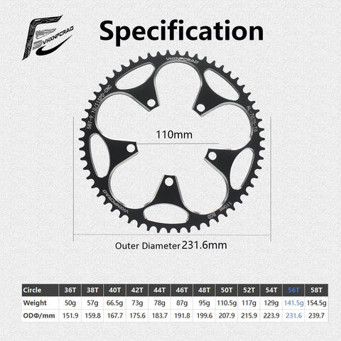 56T Black Narrow Wide Bike Chainring For 8 To 12 Speed Road Bikes, 110 BCD Round Aluminum Alloy Specification Chart