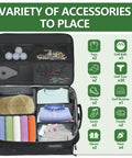 Open Three Layer Golf Trunk Organizer With Extra Large Storage For Shoes Up To Size 13 And All Your Gear Including Balls Tees Gloves Clothes And Accessories Perfect Car Trunk Organizer For Men showcasing contents and compartments.