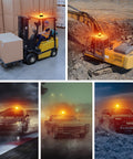 Amber magnetic cordless beacon light for emergency warning on trucks and construction vehicles; day/night visibility.