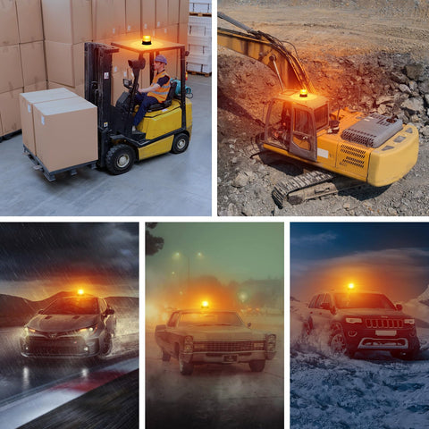 Amber magnetic cordless beacon light for emergency warning on trucks and construction vehicles; day/night visibility.