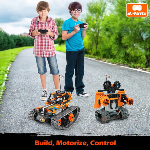 Two children control Three In One STEM Robot Kit For Kids Aged 8 To 12 with remote on a road, featuring tank and robot models.